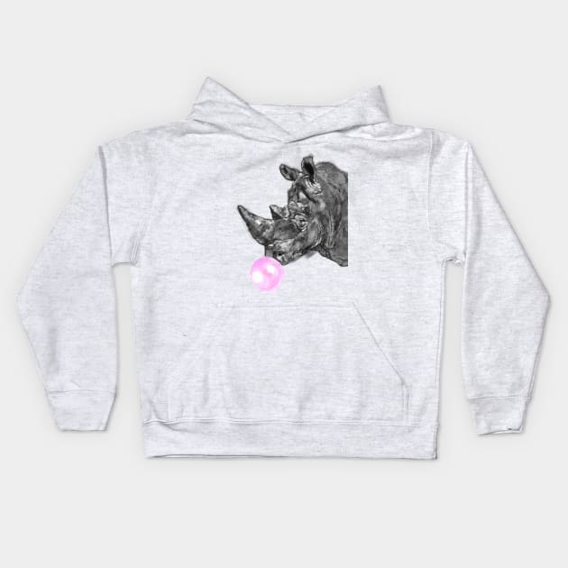 Rhino with Bubblegum in Black and White Kids Hoodie by bignosework